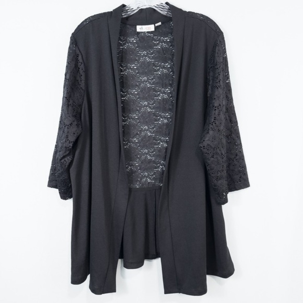 Denim & Co 3/4 Sleeve Cardigan Lace Peplum‎ Back Womens XL Black Feminine Staple